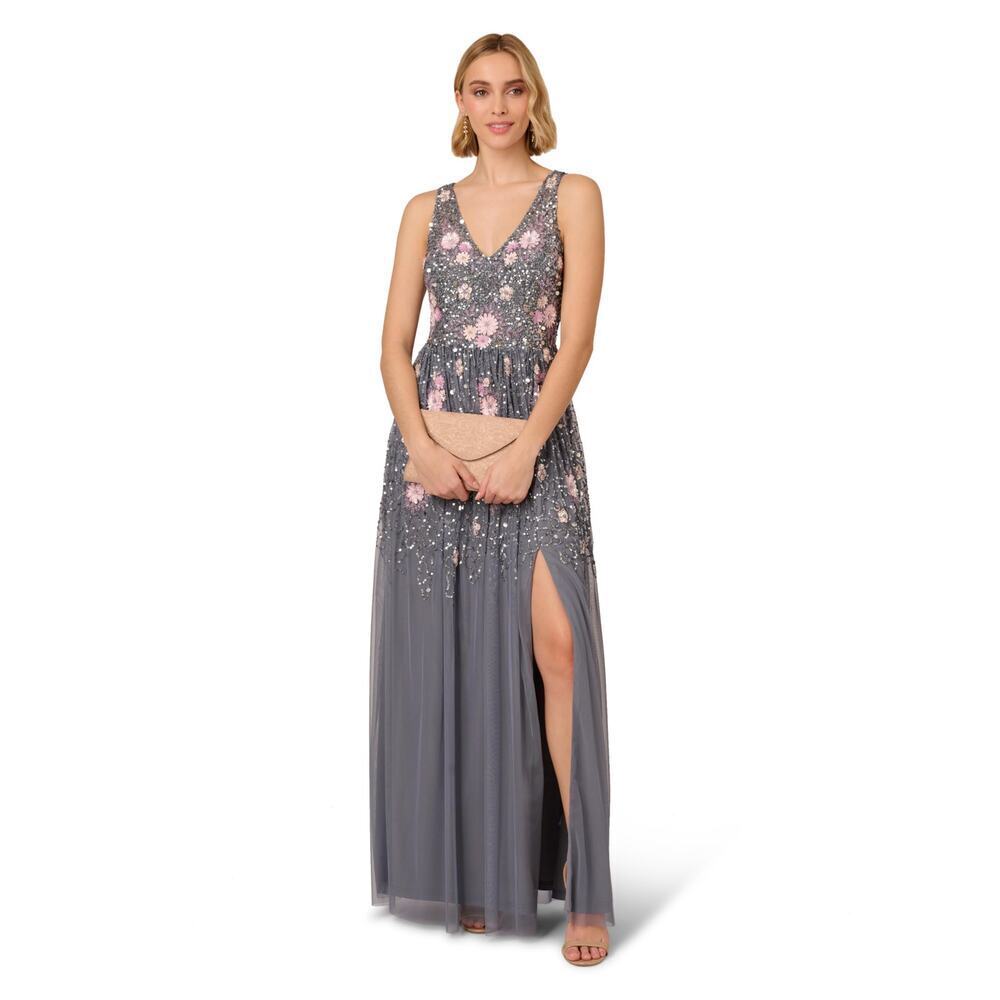 Adrianna Papell Women's Dusty Blue Multi Beaded Mesh Long Dress Size 4 NWT